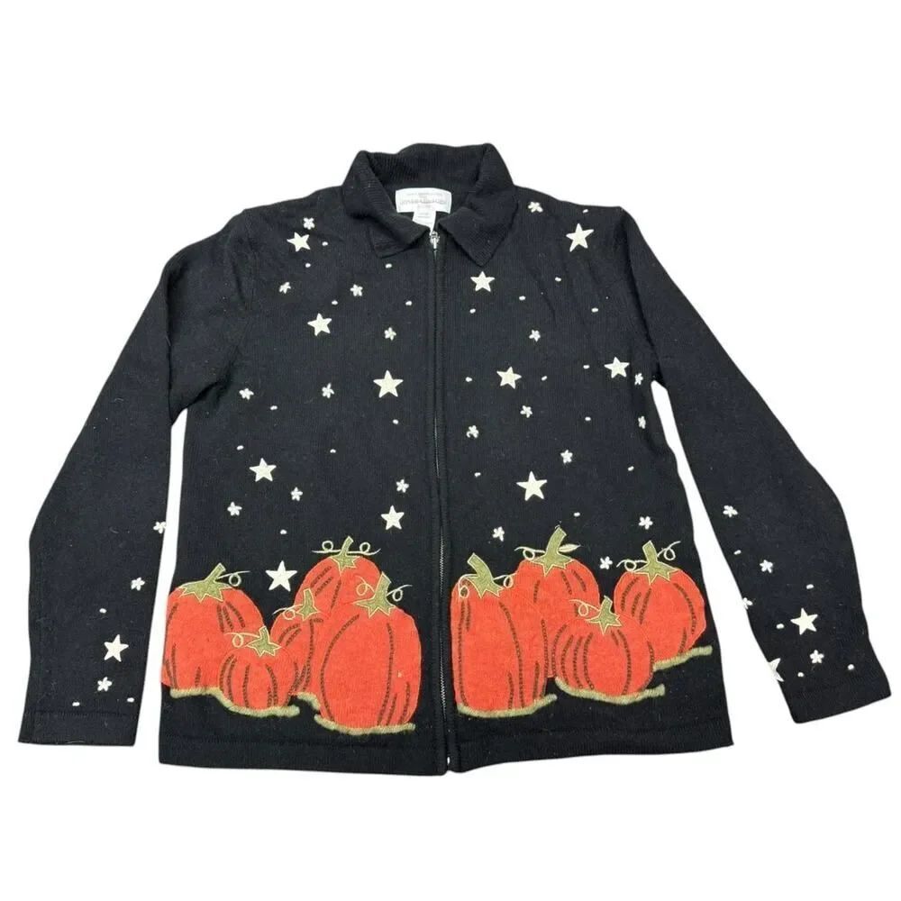 Jones New York Pumpkin Wool Cardigan Sweater Zip Black Halloween Fall Knit Large